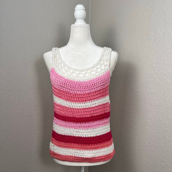 Womens Sweater Tank Crochet Striped Grannycore Festival Retro Boho Hand Knit - Picture 1 of 6